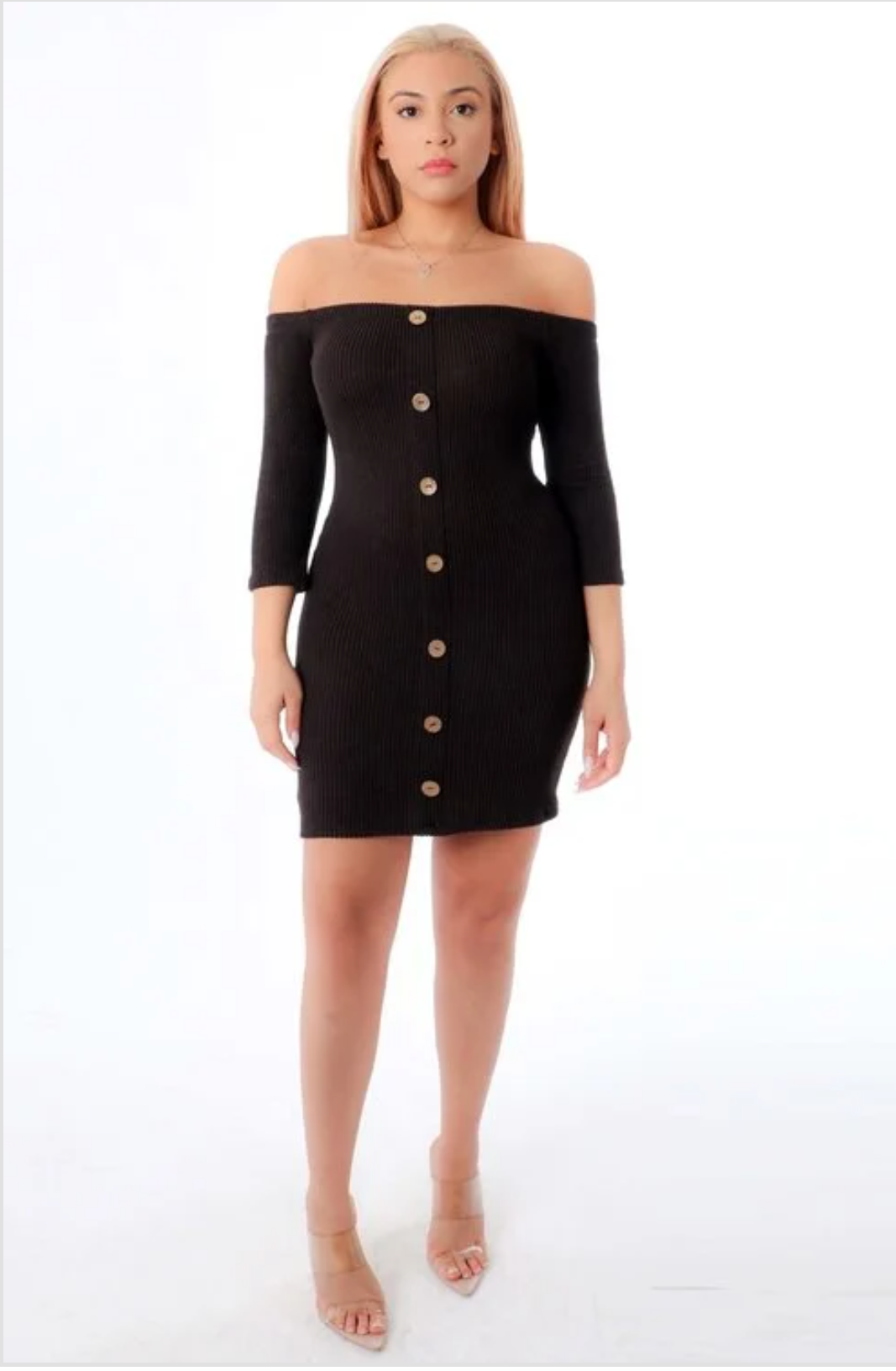 Off Shoulder 3/4 Washed Look Sleeve Bodycon