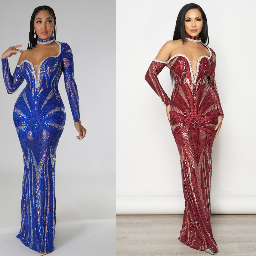 Shonda Rhinestones Dress ( Burgundy)