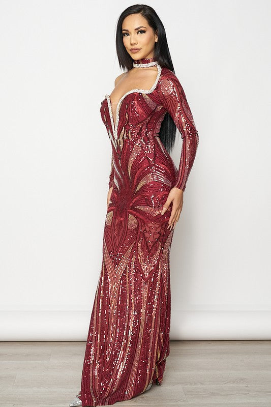 Shonda Rhinestones Dress ( Burgundy)