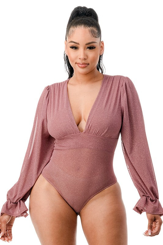 Tisha Glitter Mesh Bodysuit ( Mauve)