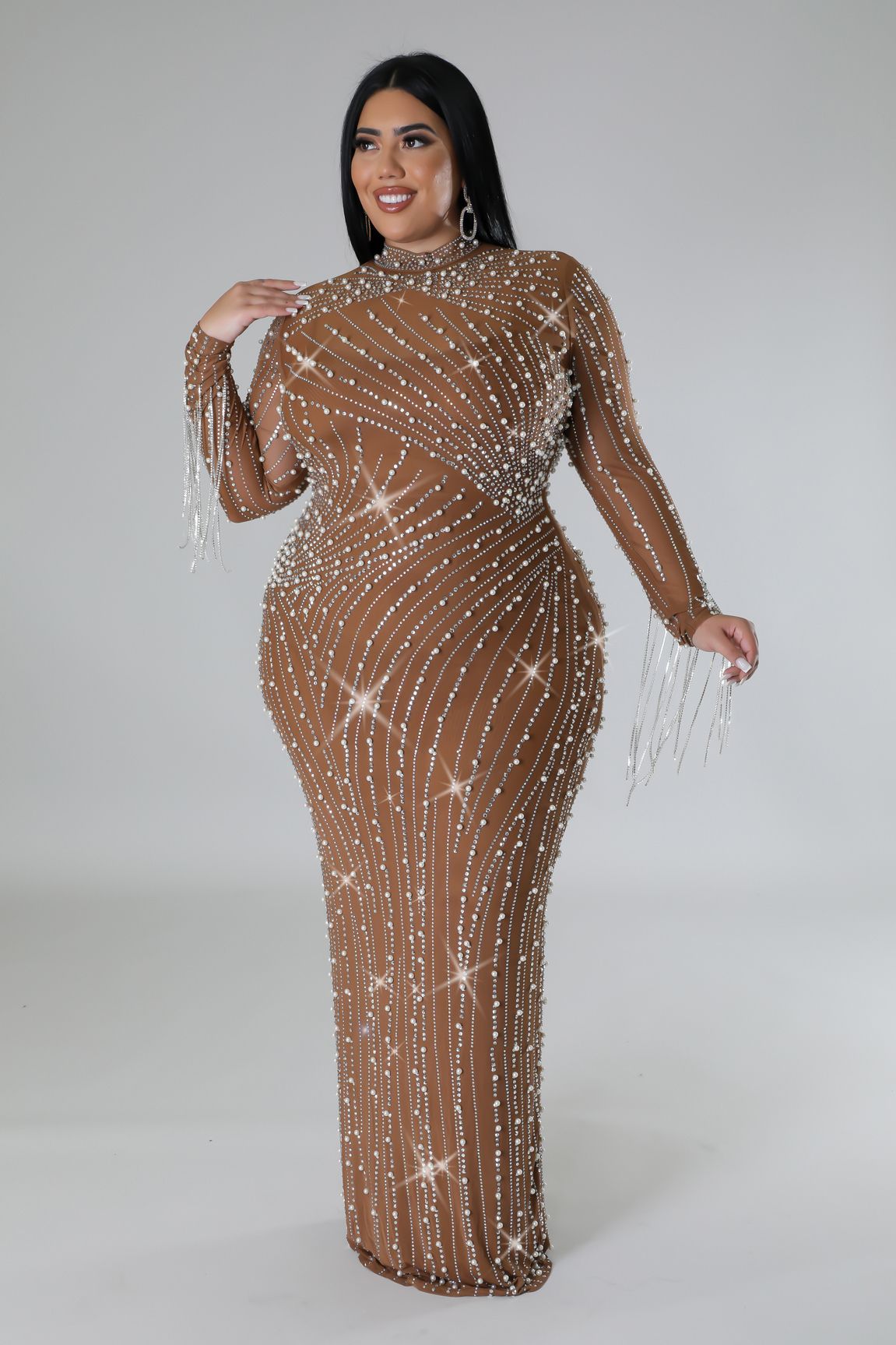 Celebrity Style Diamond Fringe Dress (Plus)Nude