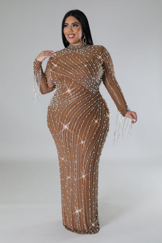 Celebrity Style Diamond Fringe Dress (Plus)Nude