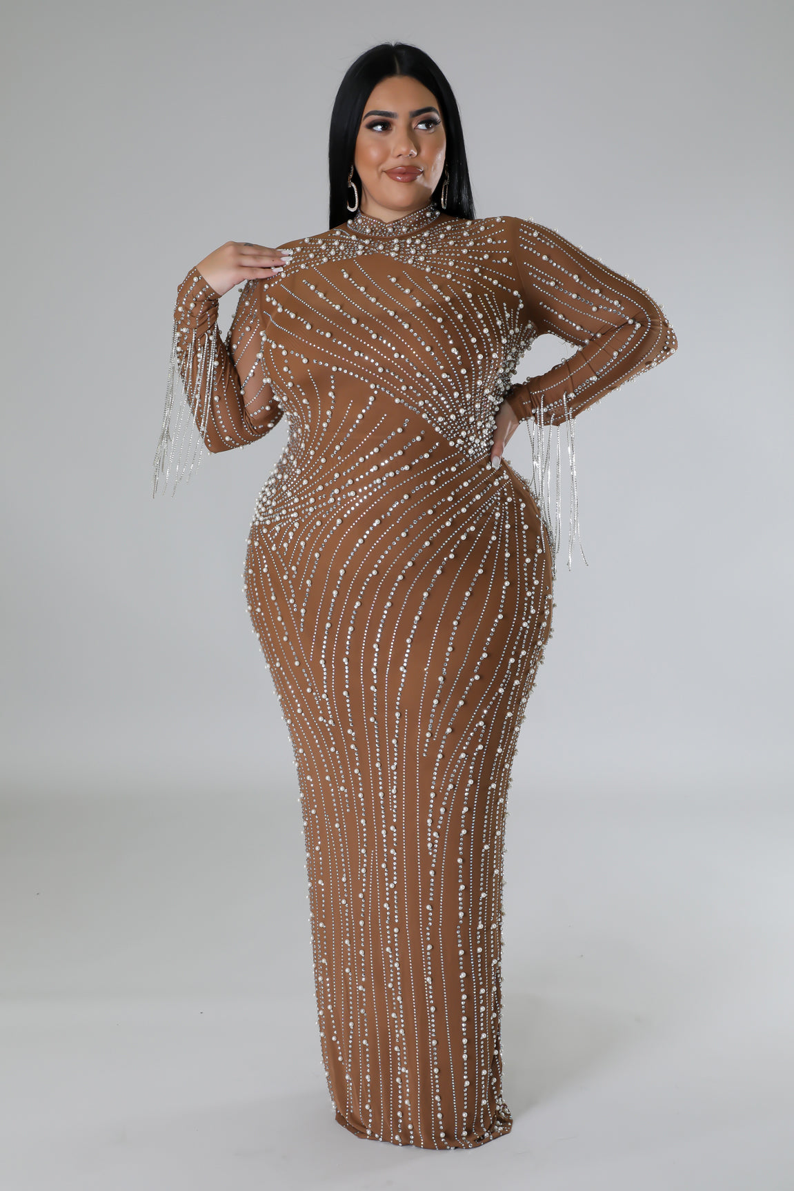 Celebrity Style Diamond Fringe Dress (Plus)Nude