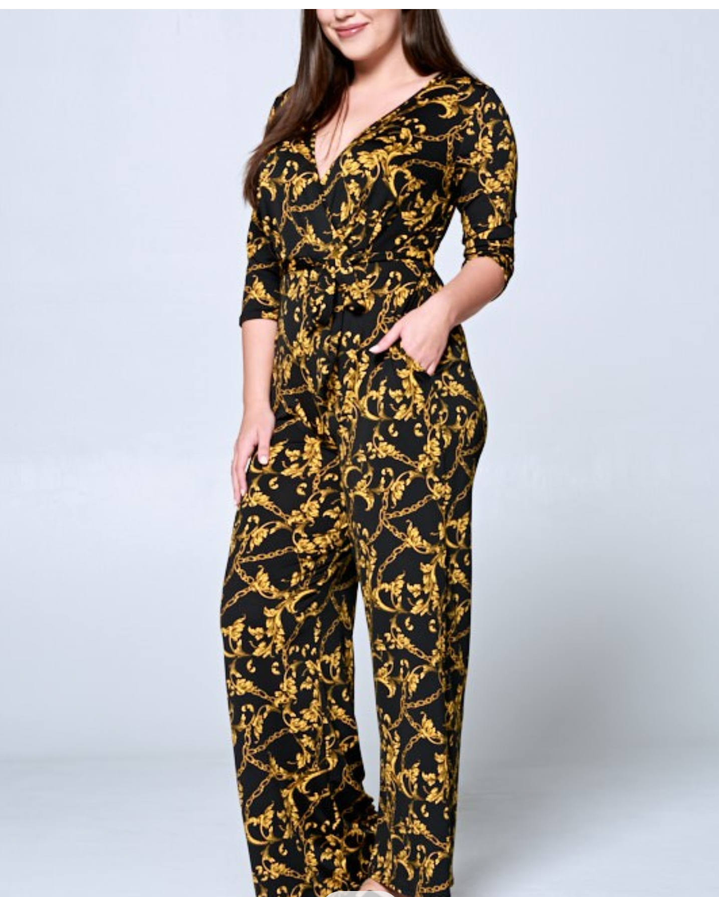 Plus Size 3/4 Sleeve Surplice Jumpsuit
