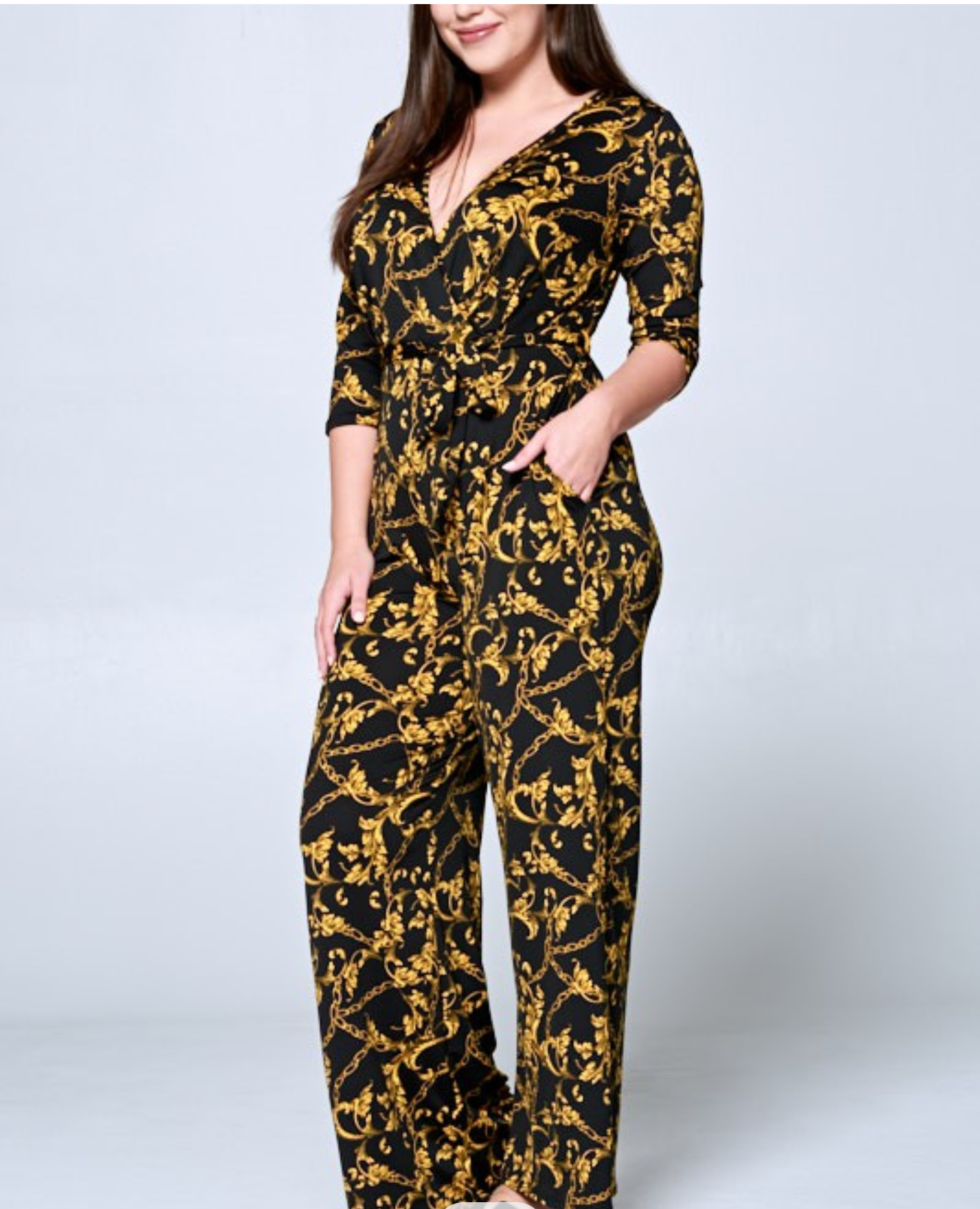 Plus Size 3/4 Sleeve Surplice Jumpsuit