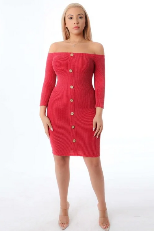 Off Shoulder 3/4 Washed Look  Sleeve Bodycon