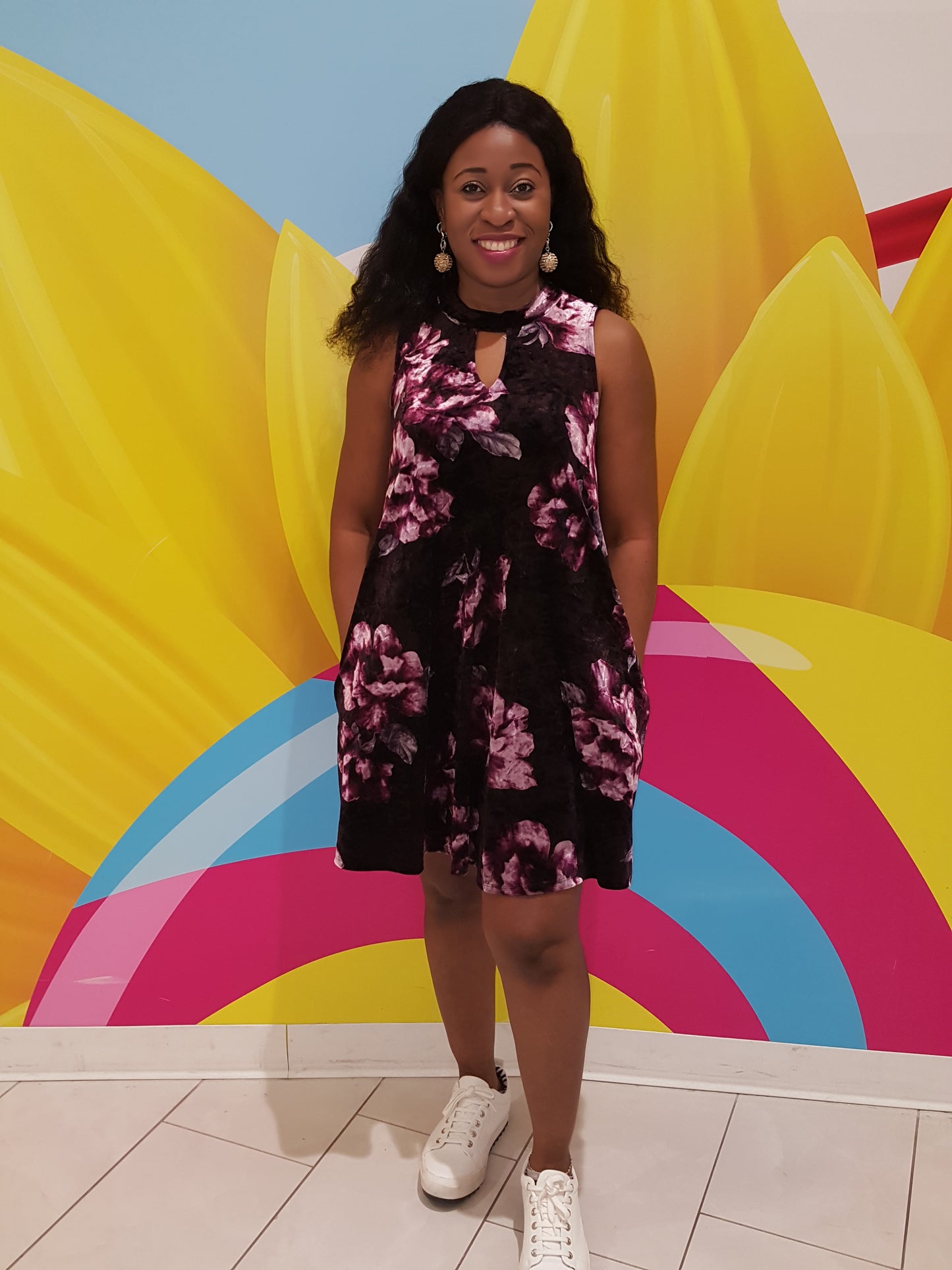 Floral Print Velvet Swing Dress with Keyhole Neck