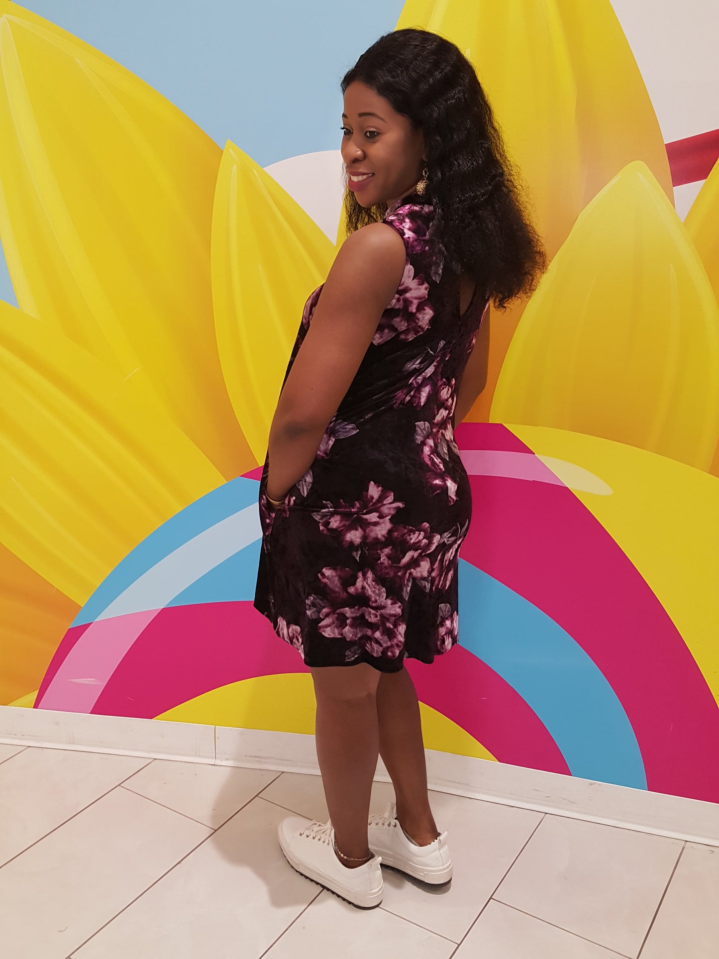 Floral Print Velvet Swing Dress with Keyhole Neck