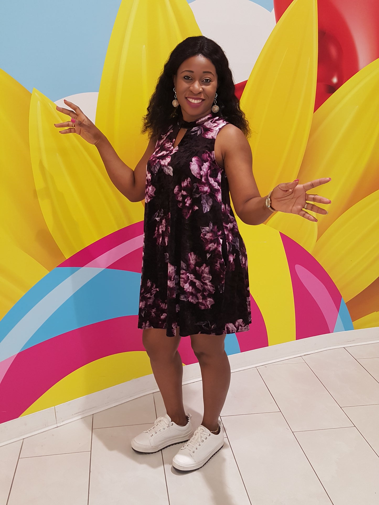 Floral Print Velvet Swing Dress with Keyhole Neck