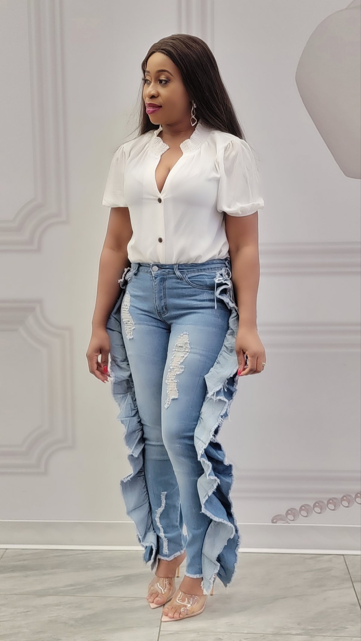Side Ruffle Jeans Bella Side Ruffles Skinny Jeans – Fancyevans Boutique