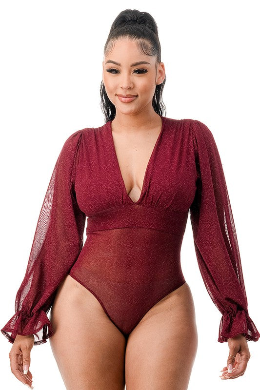 Tisha Glitter Mesh Bodysuit ( Burgundy)