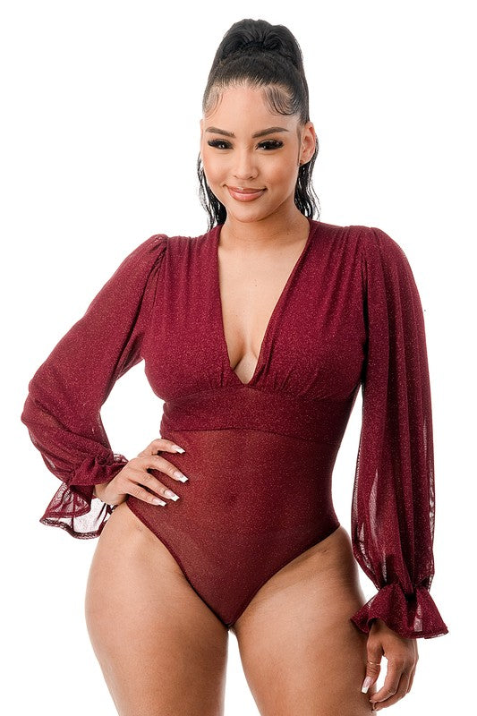 Tisha Glitter Mesh Bodysuit ( Burgundy)