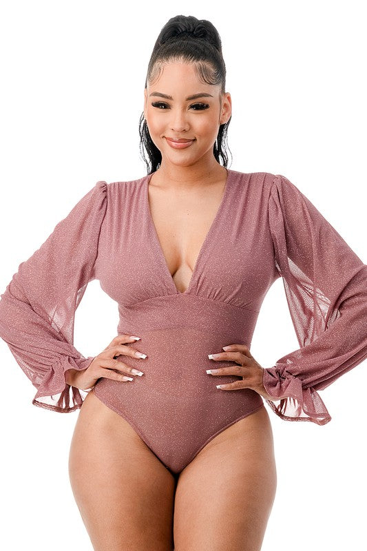 Tisha Glitter Mesh Bodysuit ( Mauve)